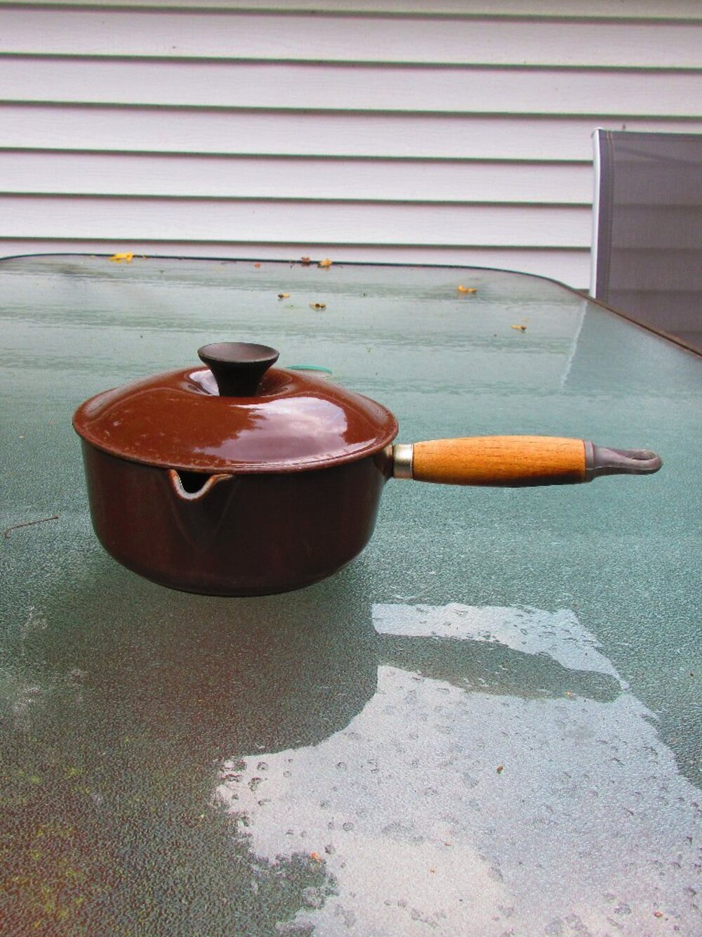 Le Creuset Vintage Sauce Pan With Spout Brown #18 Wood Handle Pot Enamel